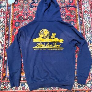 Aime Leon Dore Navy and Yellow Back Logo Hoodie - Snug fit